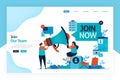 Landing page of join now. hiring and open recruitment of employee. referral memberships business. megaphone for refer a friend.