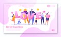 Concept of landing page on love story theme. Happy flat people character holding large letters LOVE.