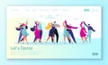 Concept of landing page with flat happy dancing couples people. Young men and women enjoying classical dance.