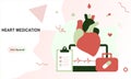 Landing page of modern heart medication, heart disease research concept. Studying heart model, drugs and heartbeat diagram. Vector