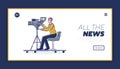 Landing page with news video operator filming reportage or studio show sitting