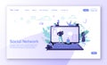 Landing page design on social media network theme. Man and woman characters communication and chatting in social network.