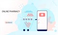 Landing page of Online pharmacy, healthcare, drugstore and e-commerce app concept. Vector of prescription drugs, first aid kit and