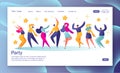 Concept of landing page with young happy dancing people. Young men and women enjoying dance party. Colorful vector illustration. Royalty Free Stock Photo