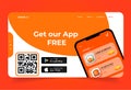 Landing page with phone prototype app with sushi and qr code