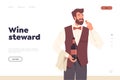 Landing page with satisfied wine steward character smelling cork while opening drink bottle Royalty Free Stock Photo