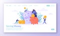 Concept of landing page on finance theme. Flat people, business characters collecting coins into the pink piggy bank. Characters m