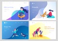 Landing page set of children with cats and dog. Happy, funny kids playing, love and taking care of kittens, pet animals Royalty Free Stock Photo