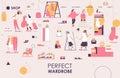 Landing page with small people and dressing room elements in pink and yellow. Outline drawing style with clothes and hangers