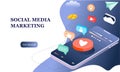 Landing page of social media marketing. Communication in social networks. Image of mobile phone with chat, likes and money. 3d iso