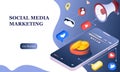 Landing page of social media marketing. Communication in social networks. Image of mobile phone with chat, likes and money. 3d iso