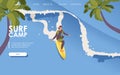 Landing page for surf school. Isometric man riding surfboard. Long wave, palms. Concept extreme sport outdoor scene good for