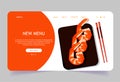 Landing page template with Asian food. Sushi store homepage with shrimps