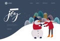 Landing page template with Christmas and New Year holiday set with snowman and girl portrait photo. Cartoon vector Royalty Free Stock Photo