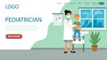 Landing Page Template Composition. Flat Cartoon Style Illustration With Text And Characters. Pediatrician Concept Art