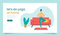 Landing page template. Concept of a web page for yoga classes. A woman stands in pranamasana in a living room, home environment.