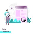 Landing page template of Data Defense. man is guarding the database. Modern flat design concept of web page design for websites