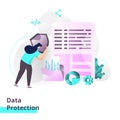 Landing page template of Data Protection. the woman is guarding the database. Modern flat design concept of web page design for