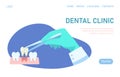 Landing page template dental clinic. Dental treatment. Dentist hold dental instrument in hand and examining patient`s tooth.