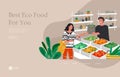 Landing page template with Girl grocery shopping healthy green eco food in a store or market. Daily life and everyday Royalty Free Stock Photo