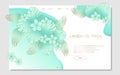 Landing page template with gold trendy monstera, palm leaves and exotic flowers on light green and white background. Tropical