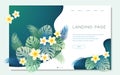 Landing page template with green trendy monstera, palm leaves and exotic flowers on white background. Tropical botanical design