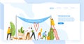 Landing page template with group of men and women taking part in volunteer organization or movement, volunteering or