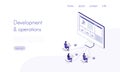 Landing page template with group of programmers coding on laptops, computer and smartphone. Concept of cross-platform software Royalty Free Stock Photo