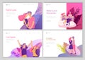 Landing page template with Happy Lover Relationship, scenes with romantic couple online dating kissing, hugging, playing