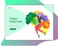 Landing page template with Happy People with vegetable, woman jumping and dansing. Vegetarianism, healthy lifestyle