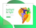 Landing page template with Happy People with vegetable, woman jumping and dansing. Vegetarianism, healthy lifestyle. Veggie recipe