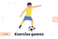 Landing page template inviting kids for exercise game to play soccer ball, having football training
