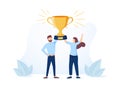 Landing page template with man and woman holding golden winner`s cup or prize together. Concept of benefits of teamwork Royalty Free Stock Photo