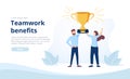 Landing page template with man and woman holding golden winner's cup or prize together. Concept of benefits of teamwork. Royalty Free Stock Photo