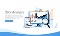 Landing page template with man and woman with magnifying glass analyzing diagrams and graphs. Concept of statistical.