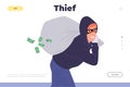 Landing page template with masked thief cartoon character carrying stolen money cash in bag