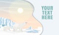 Landing page template with multi-level shadows and the image of a polar bear and her little bear walking in the snow and ice at da