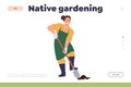 Landing page template with native gardening concept and happy woman farmer digging soil design