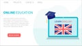 Landing page template. Online English Learning, distance education concept. Language training and courses. Woman student studies