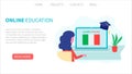 Landing page template. Online Italian learning, distance education concept. Language training and courses. Woman student