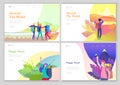 Landing page template. People characters woman for hiking and trekking, holiday travel vector, hiker and tourism