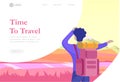 Landing page template. People characters woman for hiking and trekking, holiday travel vector, hiker and tourism