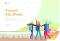 Landing page template. People characters woman for hiking and trekking, holiday travel vector, hiker and tourism