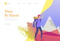 Landing page template. People characters woman for hiking and trekking, holiday travel vector, hiker and tourism