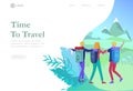 Landing page template. People characters woman for hiking and trekking, holiday travel vector, hiker and tourism