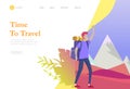 landing page template. People characters woman for hiking and trekking, holiday travel vector, hiker and tourism illustration.