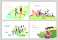 Landing page template with People group running, riding bicycles, tennis workout, rollerblading. Family and children Royalty Free Stock Photo