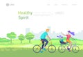 Landing page template with people riding bicycles, man waving his hand, mother riding bicycles with child. People