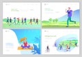 Landing page template with running group people, girl doing yoga workout, man run, group cycling. Healty life concept. People