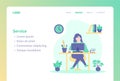 Landing page template of study, work or customer service. Woman in front of computer studying, working or customer service.